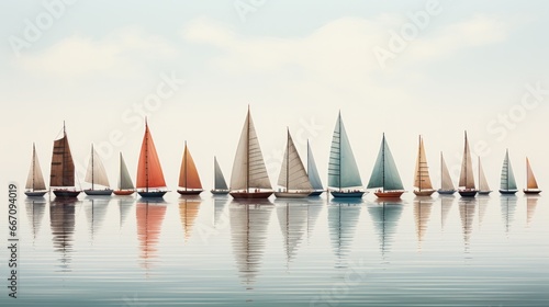 A serene sky mirrors the reflection of a fleet of sailboats, gracefully gliding through the water, evoking feelings of freedom and adventure on their transport vessels
