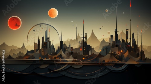 Under a starry sky, a city adorned with towering structures basks in the ethereal glow of the moon, its outdoor skyline a mesmerizing display of urban wonder and endless possibilities