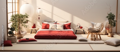 Minimalist illustration of a white and red Japandi bedroom with a double bed tatami mats armchairs and a meditation zen space