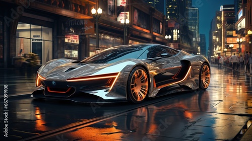 a silver sports car on a wet street