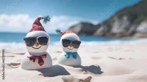 Sandy Christmas Snowmen Celebrating on an Australian Beach, One Wearing Sunglasses