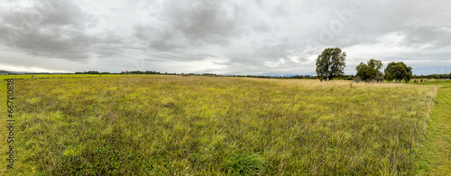 Culloden, Scotland - September 24, 2023: Structures and grasslands at the historic memorial to the battle of Culloden in Scotland 