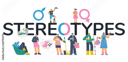 Gender stereotypes vector concept with female and male gender symbols, men and women have different social roles