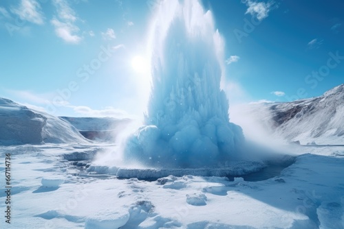 A geyser surrounded by a snowy landscape. Perfect for travel brochures or winter-themed designs