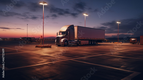 Car parking lot, Semi - Truck parked, Truck stop on Rest area On the highway