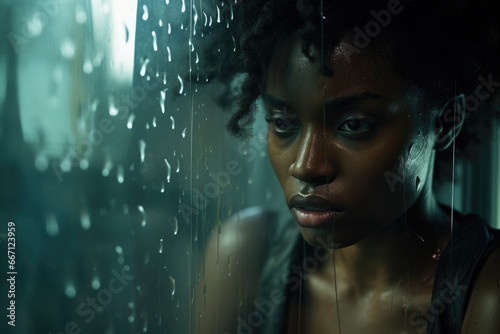 A sad African american woman looking through a rainy glass window. 