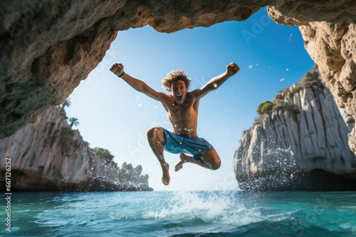 young man jumping in sea on vacation inside cave crystal blue water
