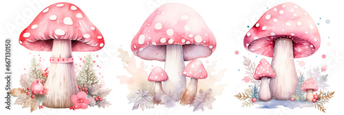 Set of watercolor illustration, pink mushrooms, isolated on transparent background