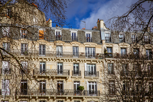 Paris architecture. Traditional Haussmann style of the 19th century. Haussmann renovated much of Paris at the request of Emperor Napoleon III.