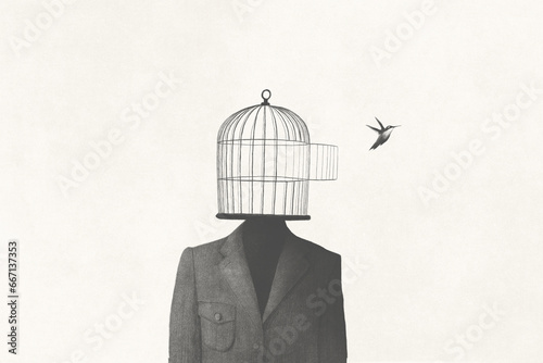 illustration of man with open birdcage over his head, surreal freedom concept