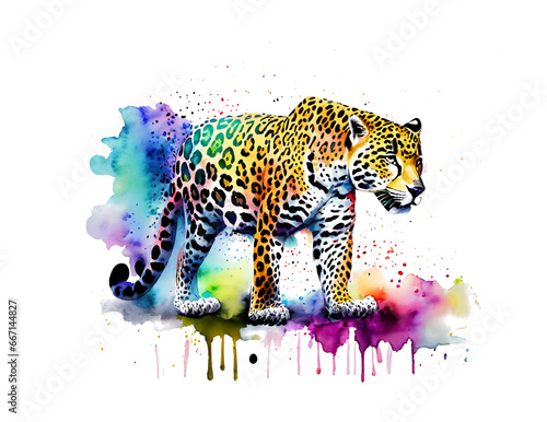 Jaguar in regenbogen bunten Wasserfarben mit Spritzern und Kleksen vor einem weißen Hintergrund als Vorlage und kunstvolle Gestaltung Elemente