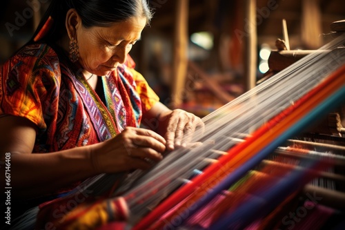 Heritage Craft. Indigenous elderly woman weaving intricate patterns on traditional looms. Colorful threads, patterns coming to life, focused artistry. Skilled craftsmanship, tradition. Weaver
