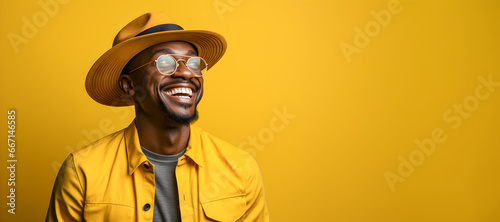 Portrait of handsome afro man wearing hat, eyeglasses on a yellow background