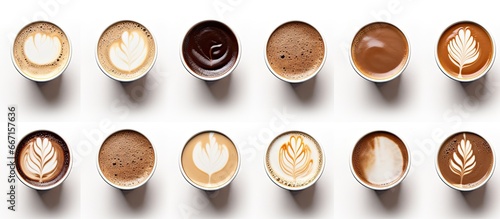 Assorted coffee cups on white background from top view