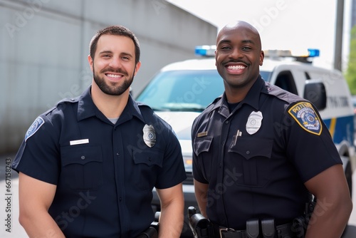 Photo of an African American police officer and white police officer stand together. Black cop with white cop pose. African American with European colleague pose against police car before shift