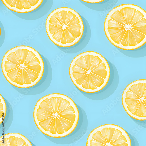 Lemon slices pattern. Flat lay composition on a pastel blue background.