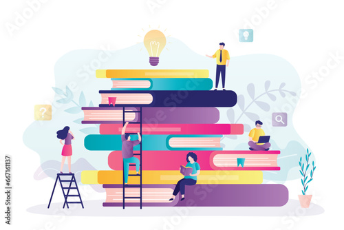 Diverse young people seek knowledge and innovative ideas. Knowledge, learning process. Smart students climbs stairs textbooks to target and goals.