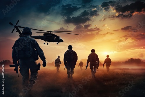Military soldiers with helicopter in the field at sunset. Military concept, Infantry soldiers and helicopters on a sunset background, anonymous faces, AI Generated