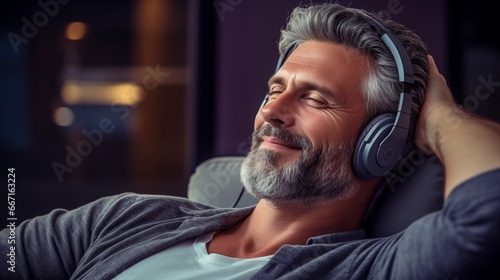 Mann entspannt zuhause und hört Musik über Kopfhörer