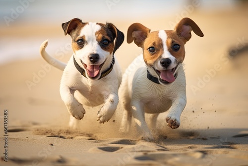 Two Jack Russell Terrier dogs running on the beach in summer, Jack Russell Terrier and Jack Russell Terrier playing in the sand, AI Generated