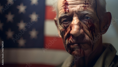 Portrait of a War veteran with blood in his face and the usa flag in the background. Memorial day, war concept