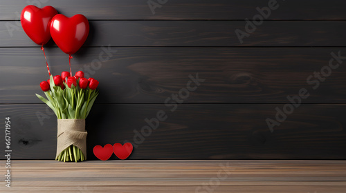 bouquet de roses plus ballons en forme de cœur sur un fond bois