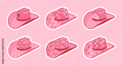 Set of stickers, pink cowgirl hats. Pink hats with hearts, stars, crown. Icons for kids. Vector