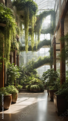 Atrium with hanging gardens, lush vegetation, and natural light streaming through.