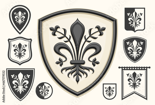 Vector Florence Emblem Set, horizontal poster with lot collection of 9 isolated illustrations of black and white florence coat of arms, decorative flag with group of art historical florentine symbols
