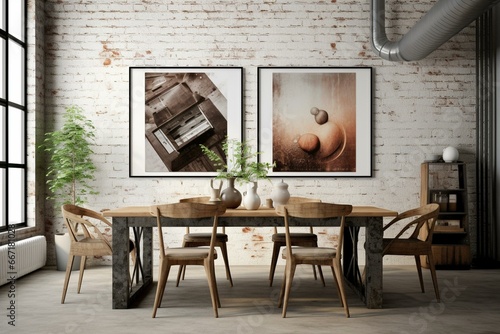 Mockup frame in dining room, loft interior, industrial style. Generative AI