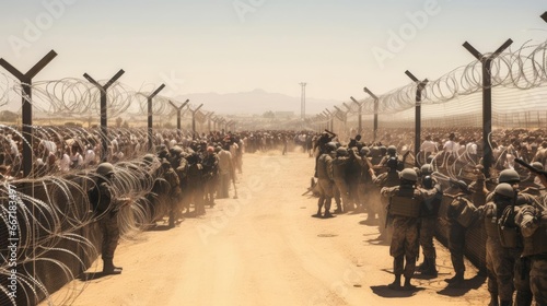 Border of two countries with barbed wire and military