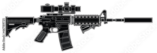 Vector drawing of an popular M4 assault rifle with adjustable stock, optical sight, silencer and the triangle front grip on a white background. Black. Right side.