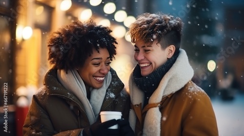 International lesbian couple strolls with coffee sharing intimate moments of warmth and affection during evening in tranquil park. Couple of girlfriends enjoys coffee walking through park.