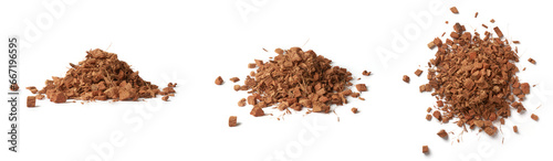 pile of coconut husk chips, popular horticultural and gardening product made from the outer husk of coconuts, sustainable and eco-friendly alternative to potting mixes and mulches, isolated on white 