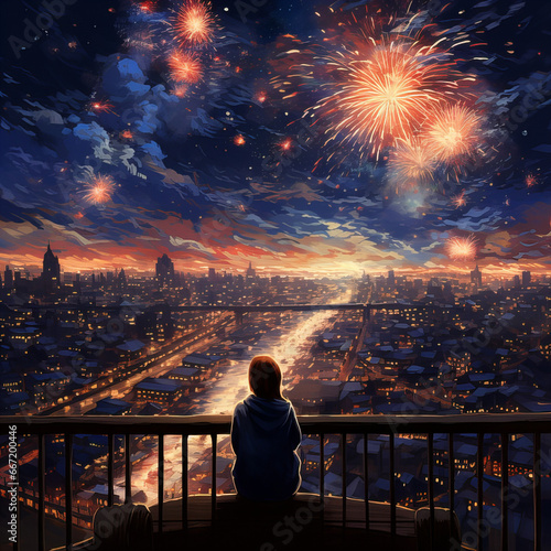 a person sitting alone on the balcony and watching the fireworks at new years eve, sylvester