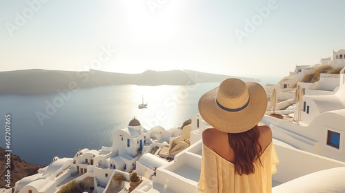 A traveler woman with white dress looking Oia, Santorini.
