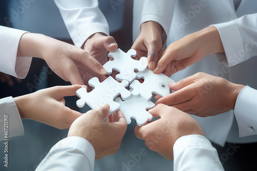 Business hands, puzzle and group of people for solution, teamwork and goals, integration and success. Team building, synergy and collaboration