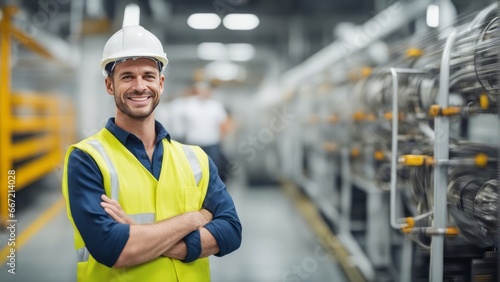 Portrait of a happy european factory worker wearing hard hat and work clothes