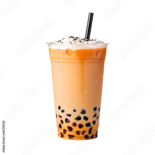 tapioca pearls, bubble tea isolated on transparent PNG, white background, delicious Boba tea with a straw