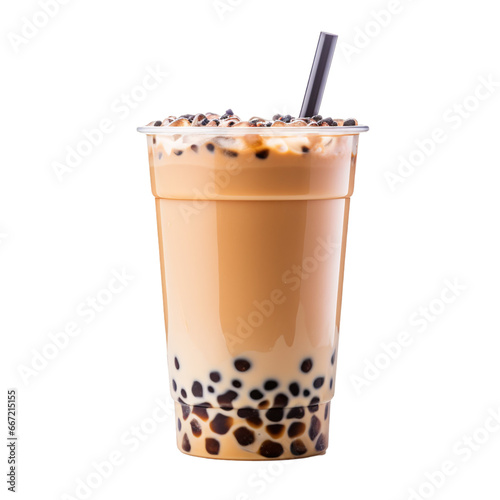  tapioca pearls, bubble tea on a plastic disposable cup isolated on transparent PNG, white background, delicious Boba tea