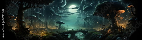 fondo panorámico para doble pantalla o banner de un bosque mágico de hongos lunares en un noche de fantasía y surrealismo
