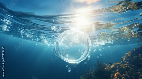 An underwater bubble rising toward the water's sunlit surface.