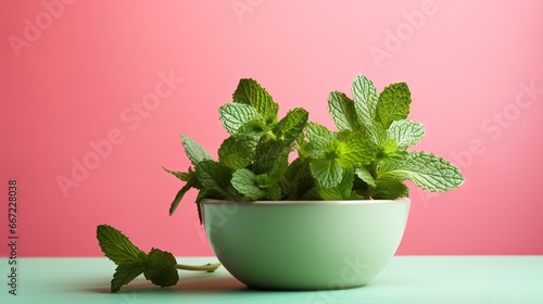  a mint plant in a white bowl on a pink background. generative ai
