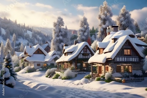 Winter Christmas Landscape with Village Houses Covered with Snow and Tree , Generative Ai