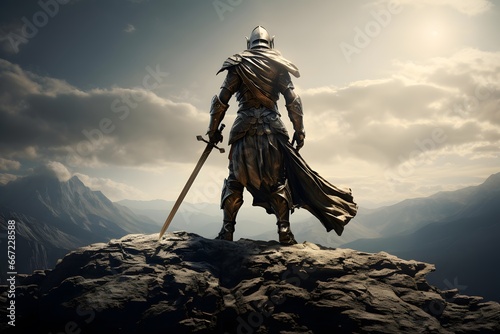 3D illustration of a medieval knight in armor on a mountain top