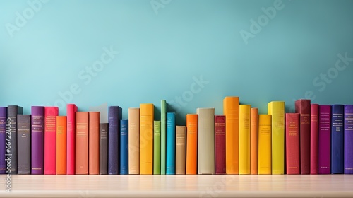  a row of colorful books sitting on top of a table. generative ai
