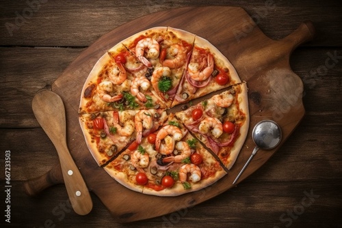 Traditional Italian pizza frutti di mare with giant shrimps, tomatoes, and mozzarella served as a top view on a wooden pizza shovel with empty space for text. Generative AI