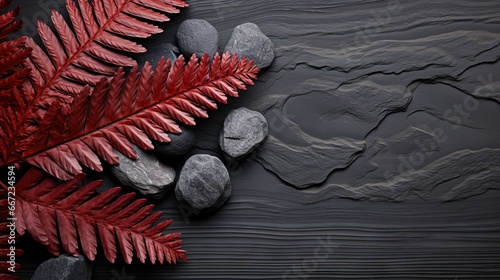 Vivid red fern leaves beautifully arranged beside smooth grey zen stones on a textured slate