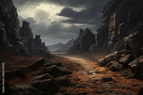 A dark pathway winding through a stormy savannah landscape with rocky cliffs and stones. Generative AI