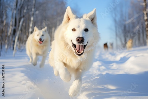 Energetic white dogs joyfully sprint through a snowy landscape, capturing the essence of winter play